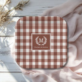 Brown Gingham Monogram Crest Custom Papieren Bordje