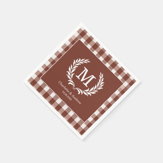 Brown Gingham Monogram Crest Custom Servet (Hoek)