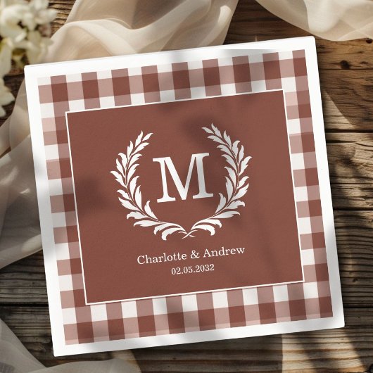Brown Gingham Monogram Crest Custom Servet