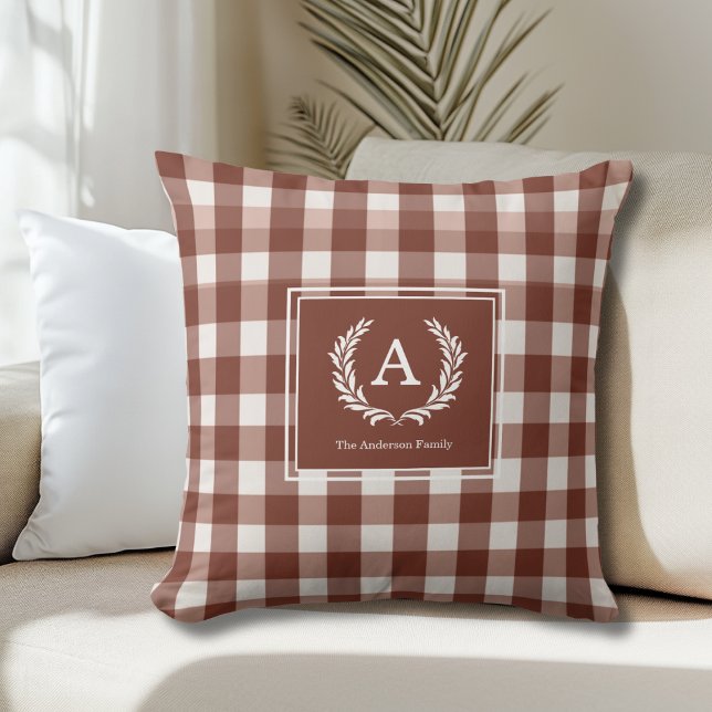 Brown Gingham Monogram Crest Kussen (Brown Gingham Monogram Crest Throw Pillow)