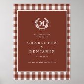 Brown Gingham Monogram Crest Wedding Welkom Poster (Voorkant)