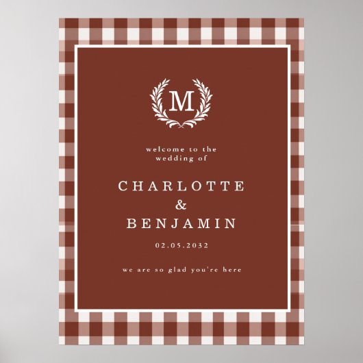 Brown Gingham Monogram Crest Wedding Welkom Poster (Voorkant)
