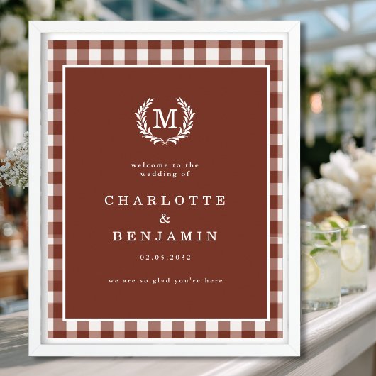 Brown Gingham Monogram Crest Wedding Welkom Poster