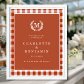 Brown Gingham Monogram Crest Wedding Welkom Poster
