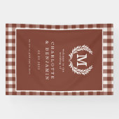 Brown Gingham Monogram Crest Wedding Welkom Spandoek (Horizontaal)