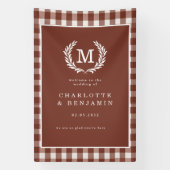 Brown Gingham Monogram Crest Wedding Welkom Spandoek (Verticaal)