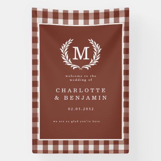 Brown Gingham Monogram Crest Wedding Welkom Spandoek (Verticaal)