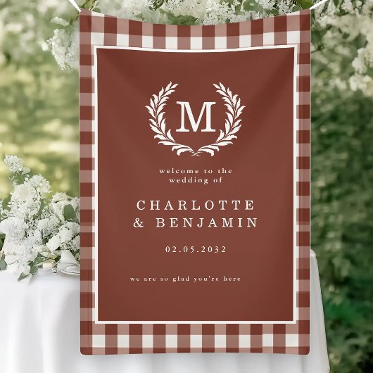 Brown Gingham Monogram Crest Wedding Welkom Spandoek