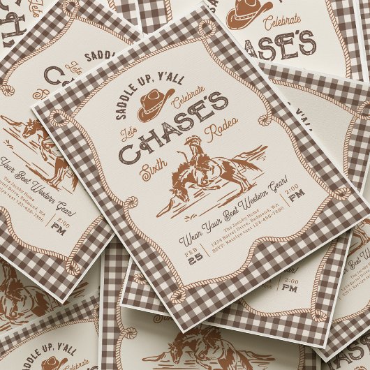 Brown Gingham Rope Rodeo Invitation Kaart