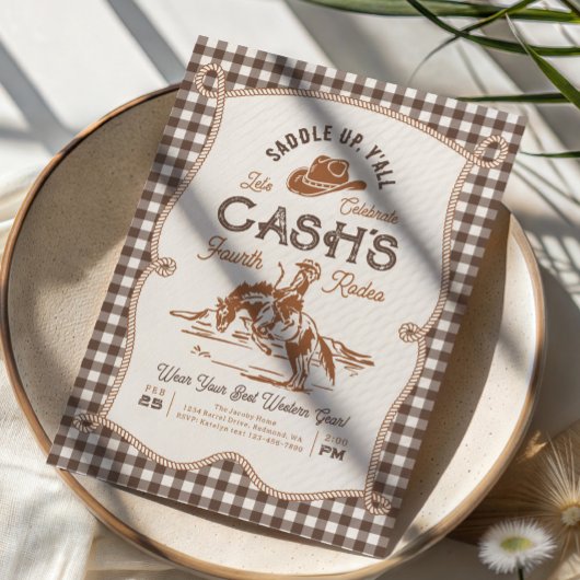 Brown Gingham Rope Rodeo Invitation Kaart