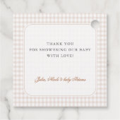 Brown Gingham Teddy Bear Neutral Baby Shower Paper Bedankjes Labels (Achterkant)