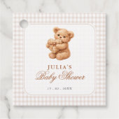 Brown Gingham Teddy Bear Neutral Baby Shower Paper Bedankjes Labels (Voorkant)