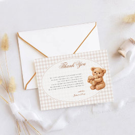 Brown Gingham Teddy Bear Neutral Baby Shower Paper Bedankkaart