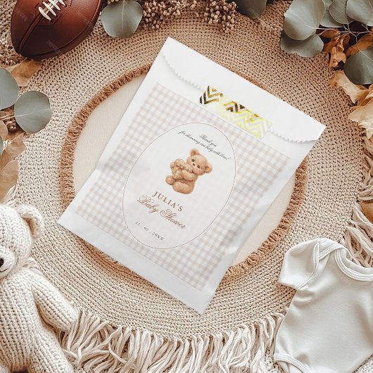Brown Gingham Teddy Bear Neutral Baby Shower Paper Bedankzakje