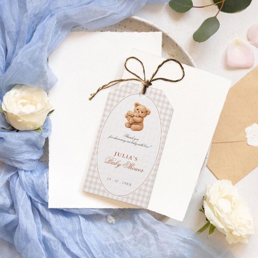 Brown Gingham Teddy Bear Neutral Baby Shower Paper Cadeaulabel