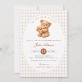 Brown Gingham Teddy Bear Neutral Baby Shower Paper Kaart (Voorkant)