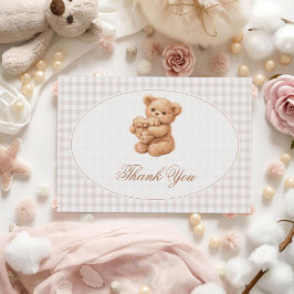 Brown Gingham Teddy Bear Neutral Baby Shower Paper Kaart