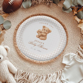 Brown Gingham Teddy Bear Neutral Baby Shower Paper Papieren Bordje