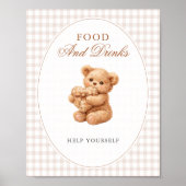 Brown Gingham Teddy Bear Neutral Baby Shower Paper Poster (Voorkant)