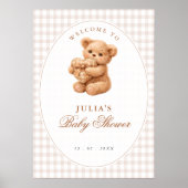 Brown Gingham Teddy Bear Neutral Baby Shower Paper Poster (Voorkant)