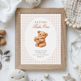 Brown Gingham Teddy Bear Neutral Baby Shower Paper Poster