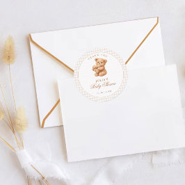 Brown Gingham Teddy Bear Neutral Baby Shower Paper Ronde Sticker