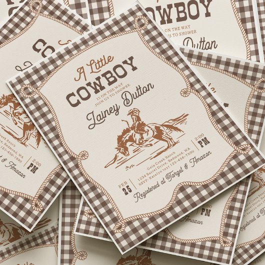 Brown Gingham Western Baby Shower Invitation Kaart