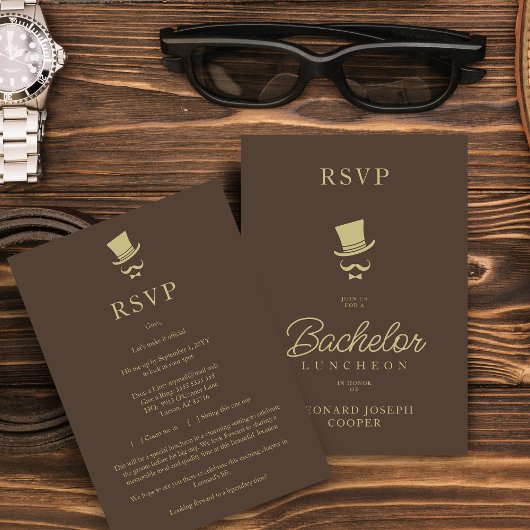 Brown Gold Chic Funny Gentleman Bachelor Luncheon RSVP Kaartje