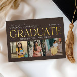 Brown Gold Graduate Photo Collage Grad Party Folie Uitnodiging<br><div class="desc">Celebrate your graduate with this rich and refined graduation party invitation featuring "Graduate" in gold foil alongside a three-photo collage on a deep chocolate brown background. The back displays "Grad Party" event details in coordinating brown serif and script typography on white. All text is fully customizable, including the graduate's name,...</div>