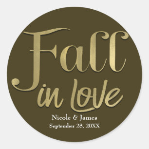 Brown & Gold Herfst in Love Leaves Engagement Part Ronde Sticker