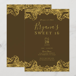 Brown & Gold Lace Elegant Sweet 16 Party Kaart