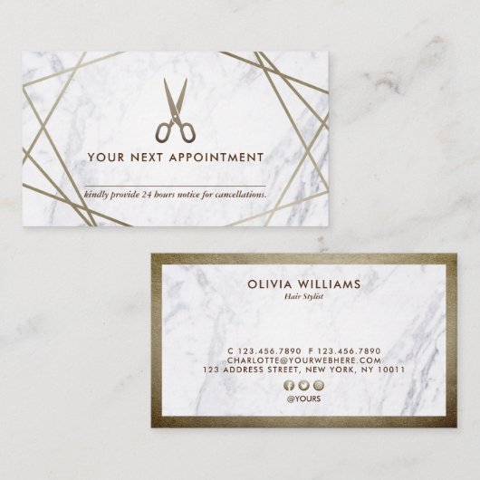Brown Gold Scissors Marble Haarstylist Appointment Visitekaartje (Voorkant / Achterkant)