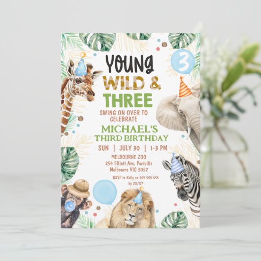 Brown Green Blue Young Wild Three 3rd Birthday Kaart (Staand voorkant)