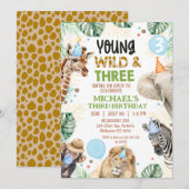 Brown Green Blue Young Wild Three 3rd Birthday Kaart (Voorkant / Achterkant)