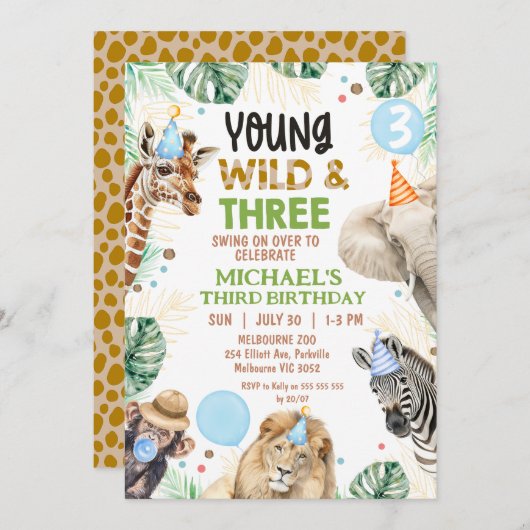 Brown Green Blue Young Wild Three 3rd Birthday Kaart (Voorkant / Achterkant)