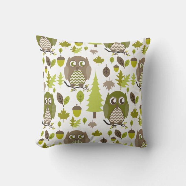 Brown + Green Chevron Owls Pillow Kussen (Voorkant)