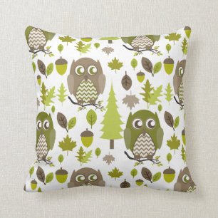 Brown + Green Chevron Owls Pillow Kussen