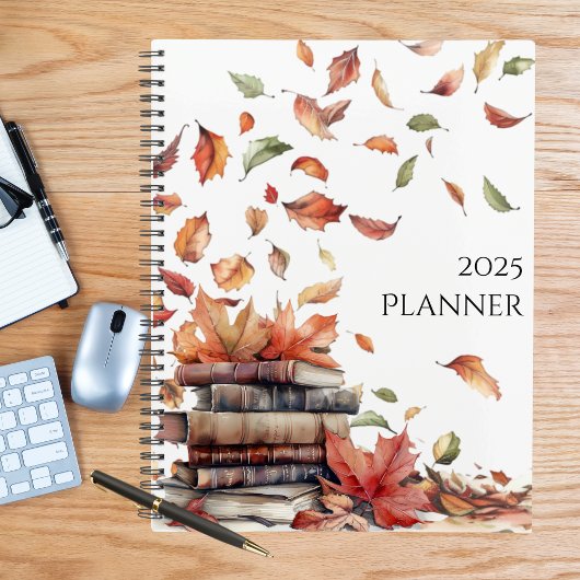 Brown Green Red Rustic Autumn Leaves Books 2025 Planner
