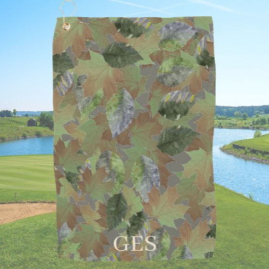 Brown Grey Leaves Custom Monogram or Name Camo Golfhanddoek