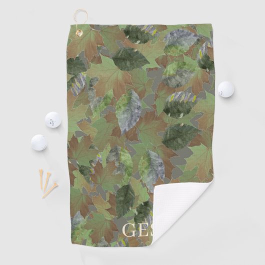 Brown Grey Leaves Custom Monogram or Name Camo Golfhanddoek (Insitu)