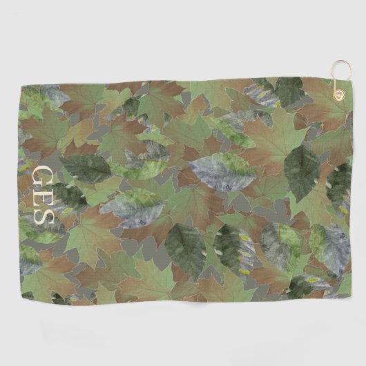Brown Grey Leaves Custom Monogram or Name Camo Golfhanddoek (Horizontaal)