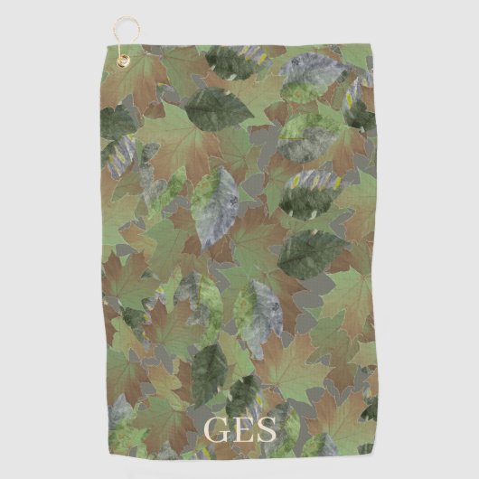 Brown Grey Leaves Custom Monogram or Name Camo Golfhanddoek (Voorkant)