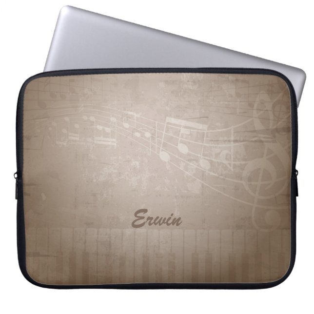 Brown Grunge Music Background en Custom Monogram Laptop Sleeve (Voorkant)