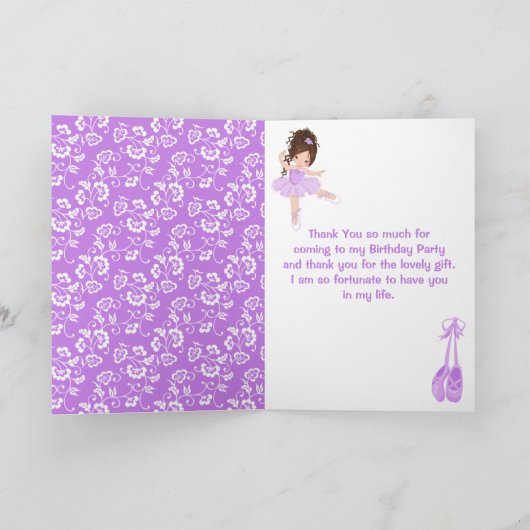 Brown Hair Ballerina Paars Birthday Dank je wel au Bedankkaart (Binnen)
