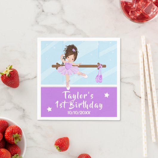 Brown Hair Ballerina Paars Tutu Birthday Napkins Servet (Insitu)