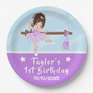 Brown Hair Ballerina Paars Tutu Birthday Paper Pl Papieren Bordje