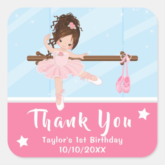 Brown Hair Ballerina Pink Birthday Dank je Squar Vierkante Sticker (Voorkant)