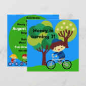 Brown Hair Boy over Bicycle Birthday Uitnodiging (Voorkant / Achterkant)