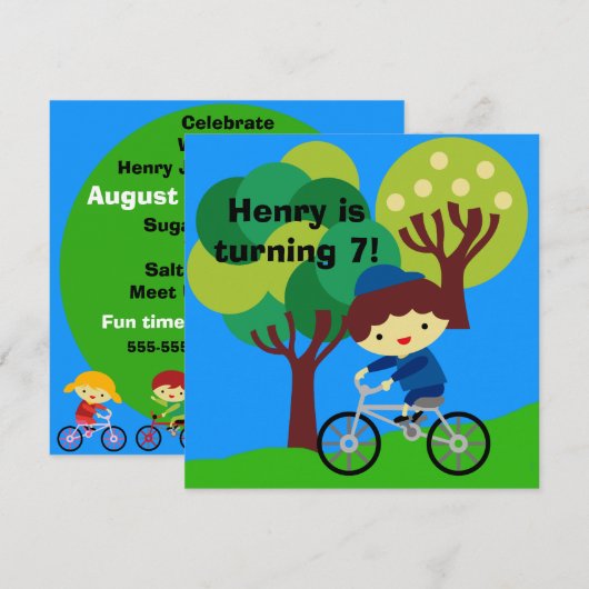 Brown Hair Boy over Bicycle Birthday Uitnodiging (Voorkant / Achterkant)