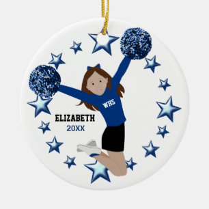 Brown Hair Cheerleader Pom Poms in Blue & Black Keramisch Ornament